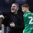 Ryan Lowe celebrates with the Preston North End fans after the victory over West Bromwich Albion at The Hawthorns