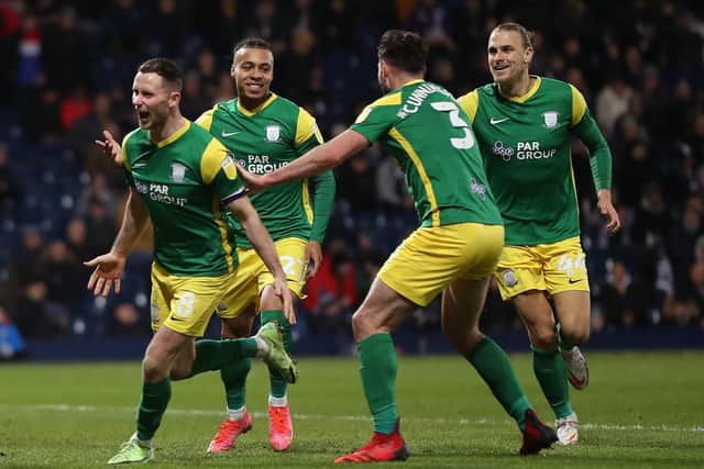 Alan Browne, Cameron Archer, Greg Cunningham and Brad Potts celebrate PNE's second goal at West Bromwich Albion