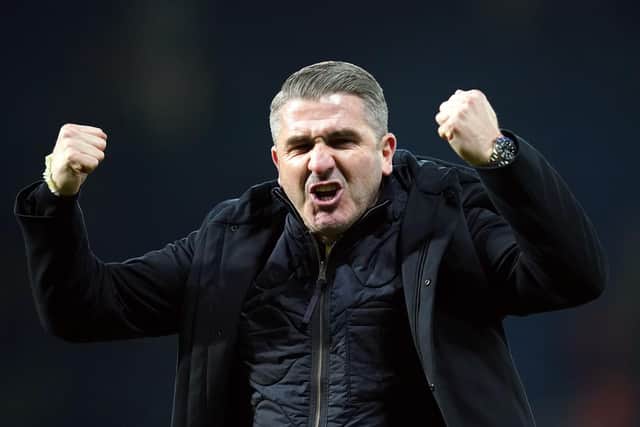 Preston manager Ryan Lowe shows his delight at the final whistle at The Hawthorns