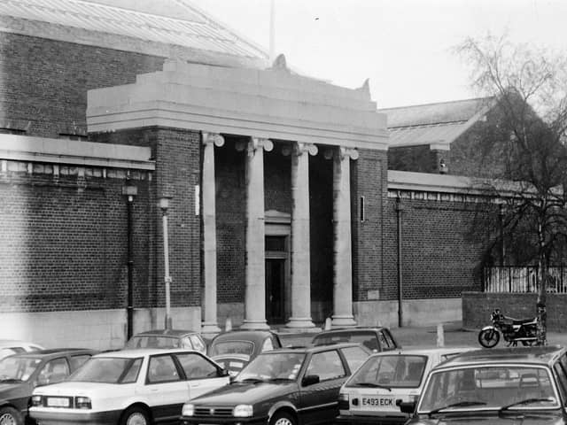The entrance to Saul Street Baths in the early 1990s, before it was completely demolished to make way for the new Crown Court complex