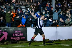 Mike Calveley celebrates after his late equaliser against AFC Fylde on Tuesday (photo: Stefan Willoughby)