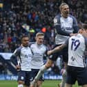 PNE players celebrate after Emil Riis scored the first of his two goals