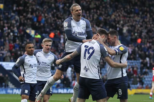 PNE players celebrate after Emil Riis scored the first of his two goals