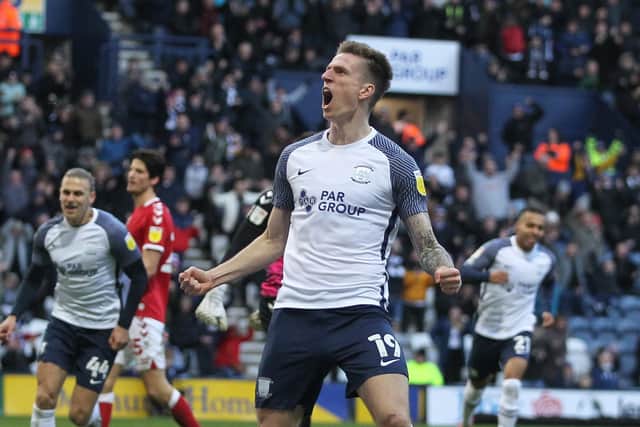Preston North End striker Emil Riis celebrates scoring his first goal against Bristol City at Deepdale