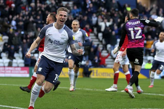 Preston North End’s Emil Riis celebrates scoring his side’s first goal