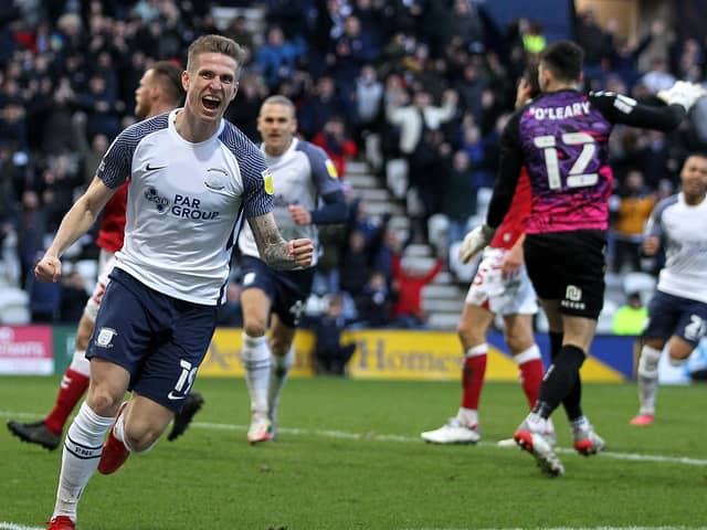 Preston North End’s Emil Riis celebrates scoring his side’s first goal