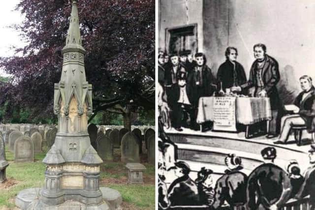 The Preston Abstinence Memorial in Preston Cemetery and an illustration of the Father of Teetotalism, Joseph Livesey, from Walton-Le-Dale.