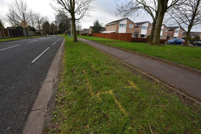 Markings on the grass foretell of the 5G mast and base box to come to this Penwortham street