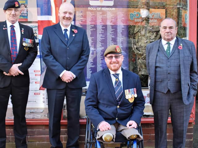 Stuart Clewlow (second left) with Chorley Branch members of the Royal British Legion (L-R)  Paul Booth, Anthony Cooper and Glyn Gaskell. The branch supports the objectives of the Chorley & District Armed Forces Community. (Picture Credit: Mick Ellison)