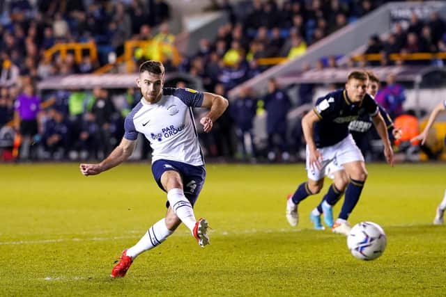 Preston North End midfielder Ben Whiteman puts his penalty against the post in the clash with Millwall at The Den