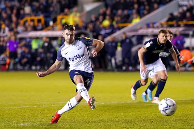 Ben Whiteman hits his penalty against the post in PNE's goalless draw with Millwall