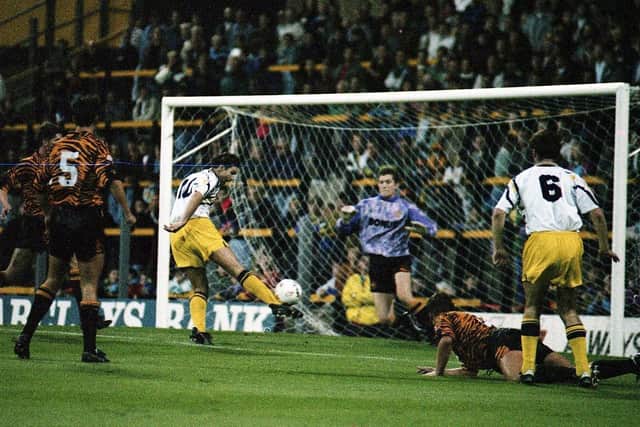 Tony Ellis fires Preston North End into the lead against Hull City at Boothferry Park in September 1992