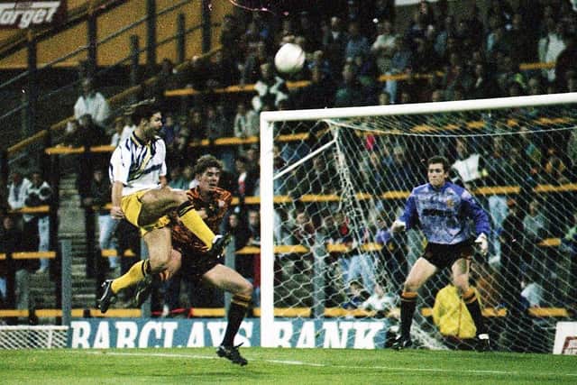 Tony Ellis has a shot in PNE's win against Hull City at Boothferry Park in September 1992