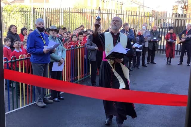 Rt Rev Paul Swarbrick, Bishop of Lancaster visited St Augustine's and led the greeting and blessing of the school's new entrance.