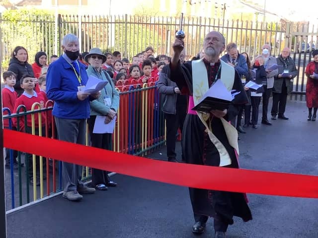 Rt Rev Paul Swarbrick, Bishop of Lancaster visited St Augustine's and led the greeting and blessing of the school's new entrance.