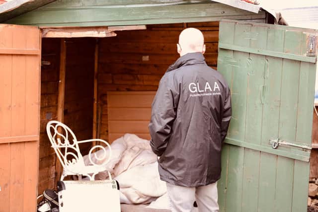 Six-foot shed at residential site north of Carlisle in Cumbria where officers from the GLAA rescued a 58-year-old man who had been held for 40 years.