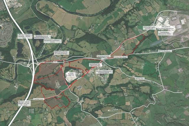 The red-edged areas mark the proposed first phase of the Cuerdale Garden Village development in Samlesbury (image:  Story Homes/Lexington)