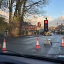 Temporary traffic lights are in place at the junction of Stanifield Lane, Centurion Way and Stanley Road whilst work takes place to repair the water leak. Pic: Andy Mellin