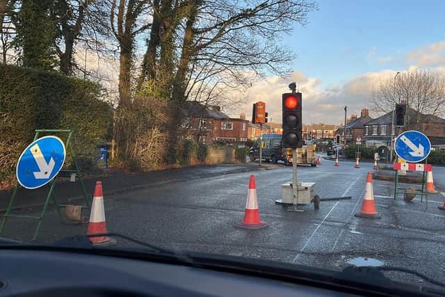 Temporary traffic lights are in place at the junction of Stanifield Lane, Centurion Way and Stanley Road whilst work takes place to repair the water leak. Pic: Andy Mellin