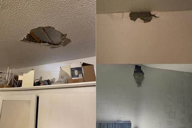 Left- a hole in Katie's bedroom ceiling caused by Ultra Restore's work. Right- other damage around the property.