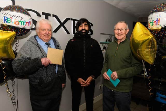 Eddie Schofield and Jim Michaels who have retired as taxi drivers after long careers with Four Sixes director Shaz Malik. Photo: Kelvin Stuttard