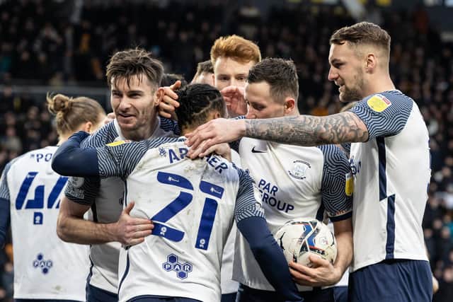 Preston North End players celebrate Cameron Archer's goal against Hull City at the MKM Stadium