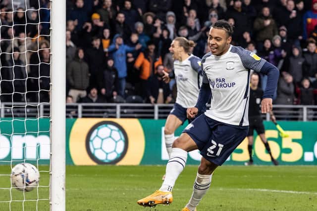 Cameron Archer turns to celebrate after giving Preston the lead at Hull City