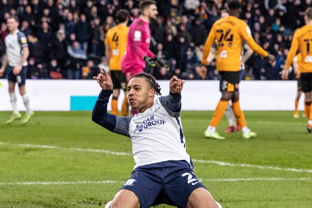 Cameron Archer slides on his knee after scoring PNE's winner against Hull City