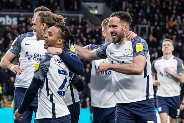 Cameron Archer is congratulated by his PNE team-mates