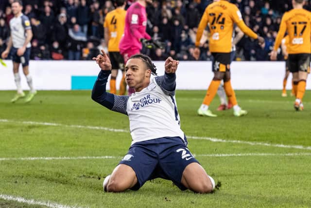 Cameron Archer celebrates scoring Preston North End's winner against Hull City at the MKM Stadium