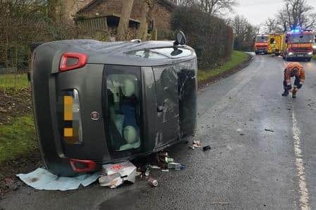 Two cars crashed due to black ice on a rural road in Great Mitton. (Credit: Lancashire Police)