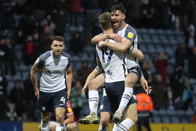 Andrew Hughes celebrates with Emil Riis after PNE's late equaliser against Bristol City