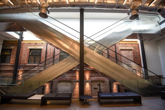 Side view of the industrial look escalators leading to the top floor of the new Winter Gardens conference centre.