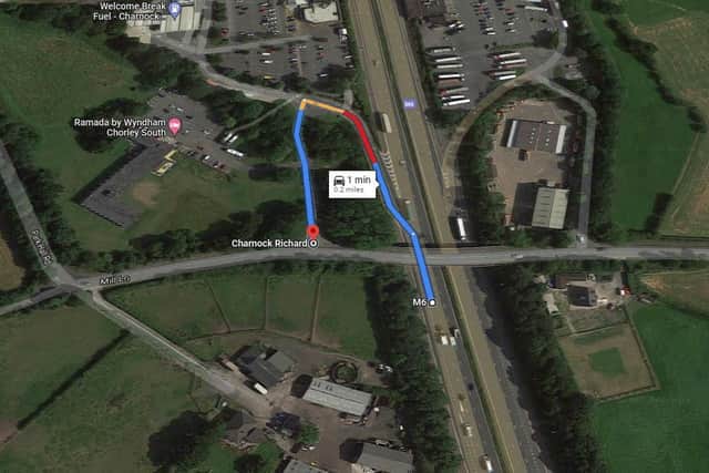 The service road at Charnock Richard Services is sometimes used by drivers as an exit junction off the northbound M6. Pic: Google