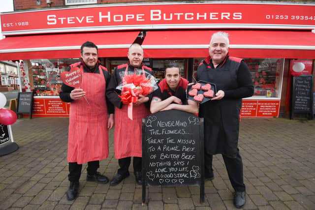 Steve Hope Butchers in Layton are selling heart shaped burgers for Valentine's Day. L-R are Kieran Boyle, Simon Blurton, Mark Southern and Steve Hope.