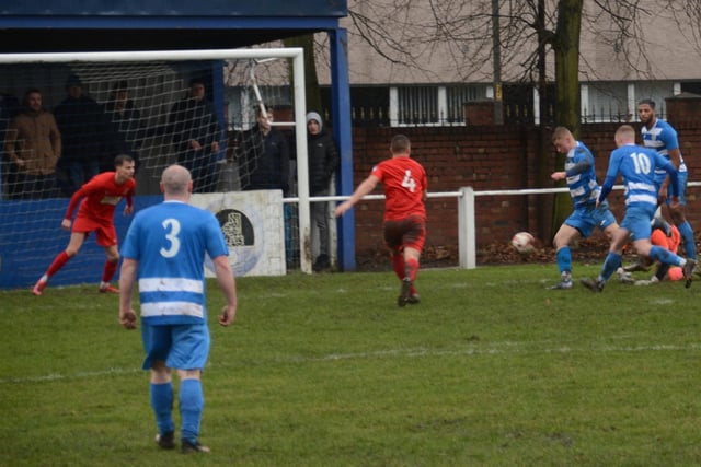 Lewis Stephens about to score for Glasshoughton Welfare against Selby Town. Picture: Rob Hare