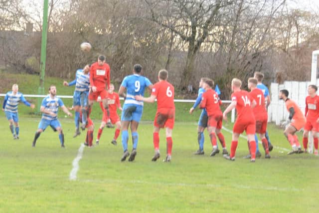 Glasshoughton Welfare challenge for the ball after winning a corner against Selby Town. Picture: Rob Hare