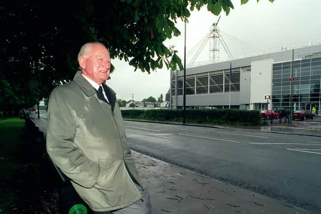 Sir Tom Finney outside his beloved Deepdale and the stand named in his honour