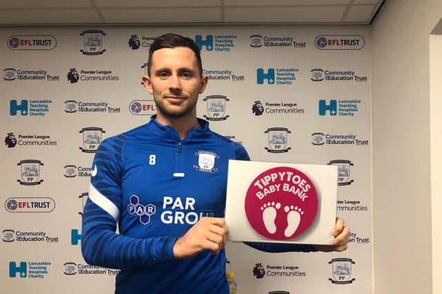 Preston North End captain Alan Browne showing support for local children’s charity TippyToes BabyBank