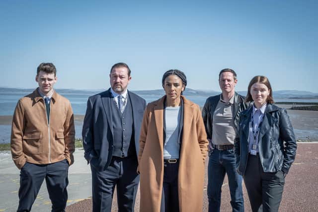 Thomas Law as DC Eddie Martin, Dan Ryan as DI Tony Manning, Marsha Thomason as DS Jenn Townsend, Andrew Dowbiggin as DS James Clarke/"Clarkie", and Erin Shanagher as DS Karen Hobson. Photo by Jed Knight / © Tall Story Pictures 2021