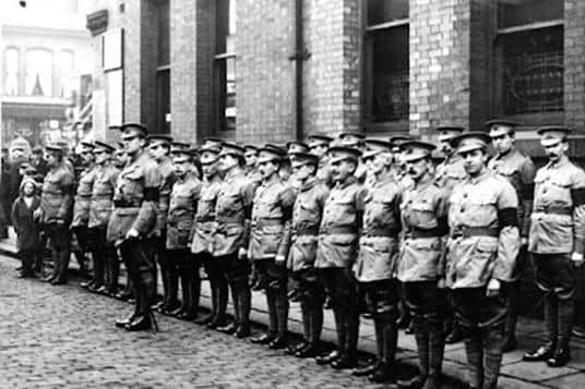 Volunteers in Manchester show off their New uniforms, 1916 - no pictures of the Lancaster Volunteers are known.