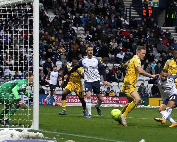 Cameron Archer scores Preston North End's second goal against Reading at Deepdale