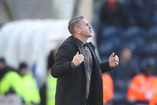 Preston North End manager Ryan Lowe gives instructions from the touchline during the defeat against Reading at Deepdale