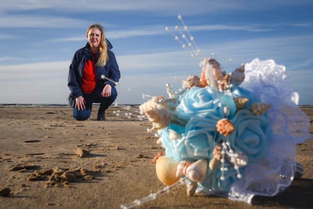 Lyndsay Fieldsend makes her own wedding bouquet using shells and driftwood found on Blackpool beach