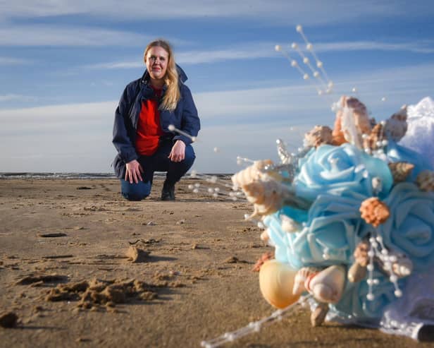 Lyndsay Fieldsend makes her own wedding bouquet using shells and driftwood found on Blackpool beach