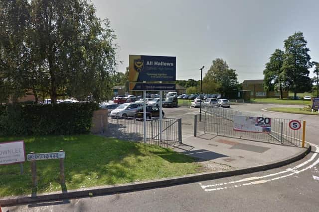 An intruder was detained by police after entering the grounds of All Hallows Catholic High School in Crabtree Avenue. (Credit: Google)