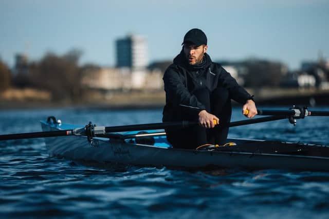 Jordan pictured in training for the real thing, the 'oarsome' rowing challenge