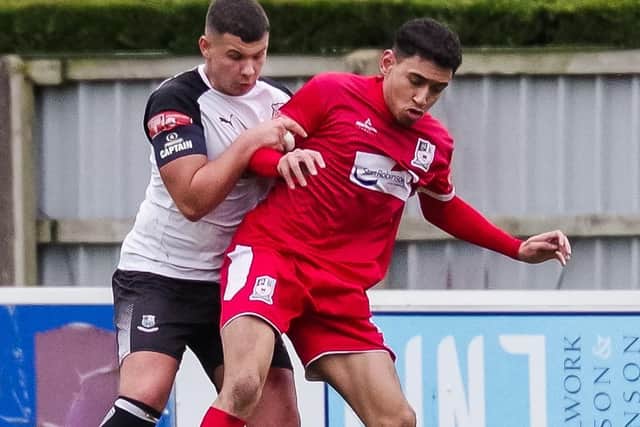 Macauley Wilson in action for Brig in their last game against Stafford Rangers (photo:Ruth Hornby)
