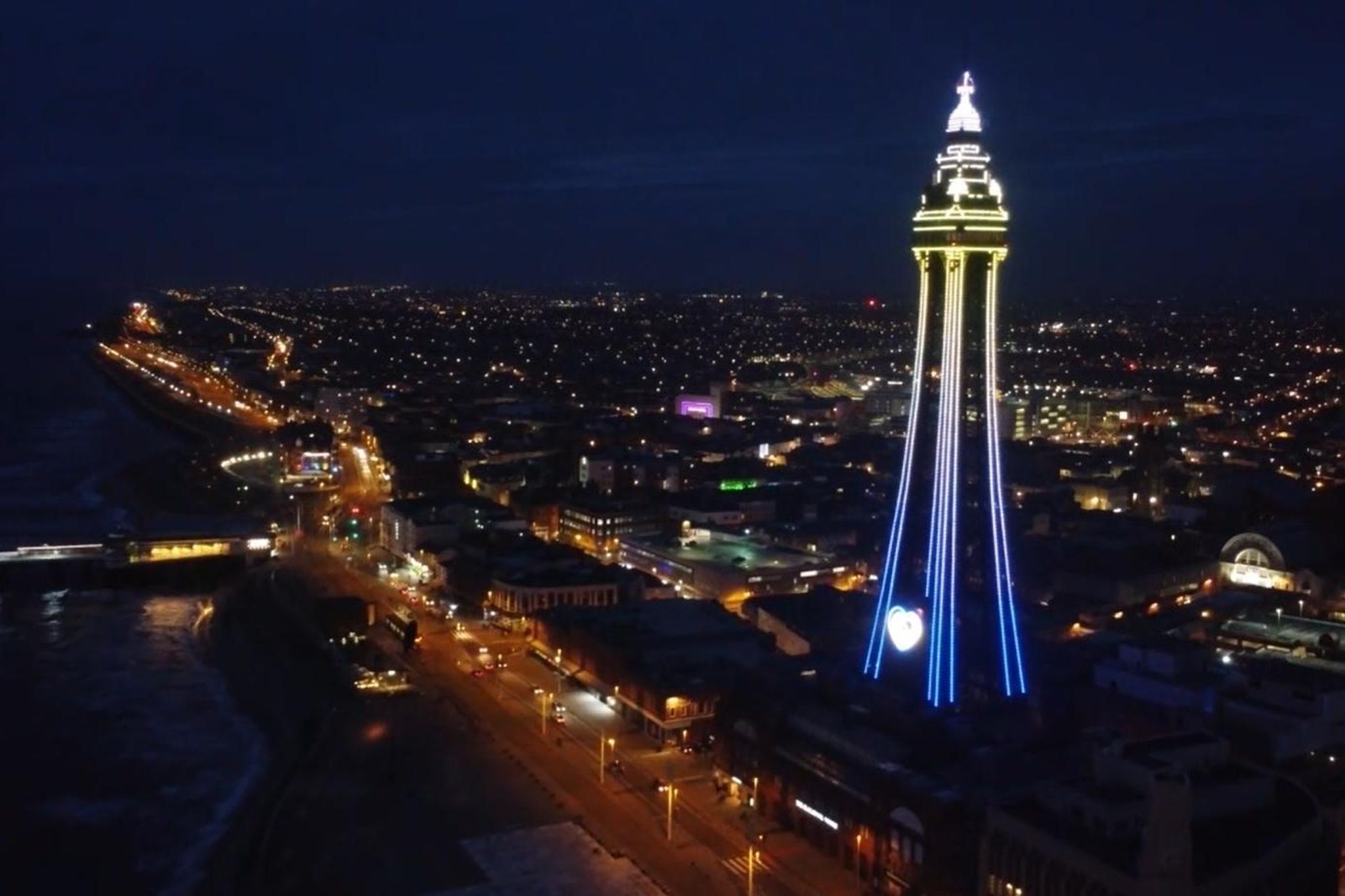 Watch drone footage as Blackpool Tower is lit blue and yellow in solidarity with Ukraine
