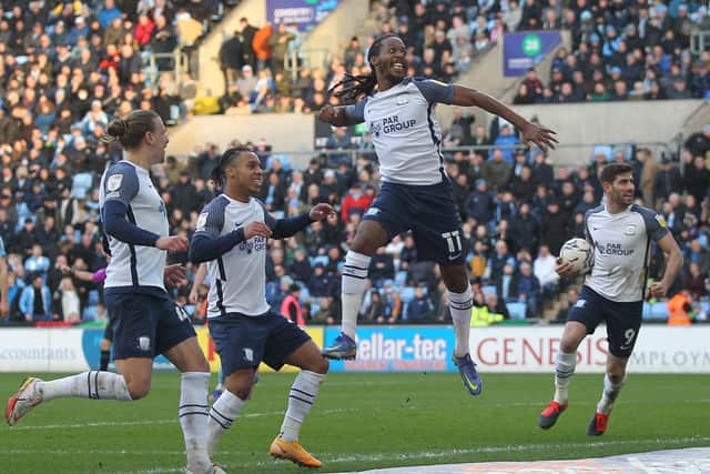 Daniel Johnson celebrates putting Preston North End in front against Coventry City